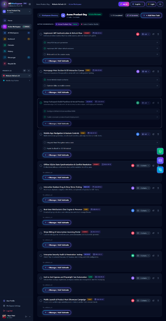 Ali Workspace - Project & Task Management Dashboard